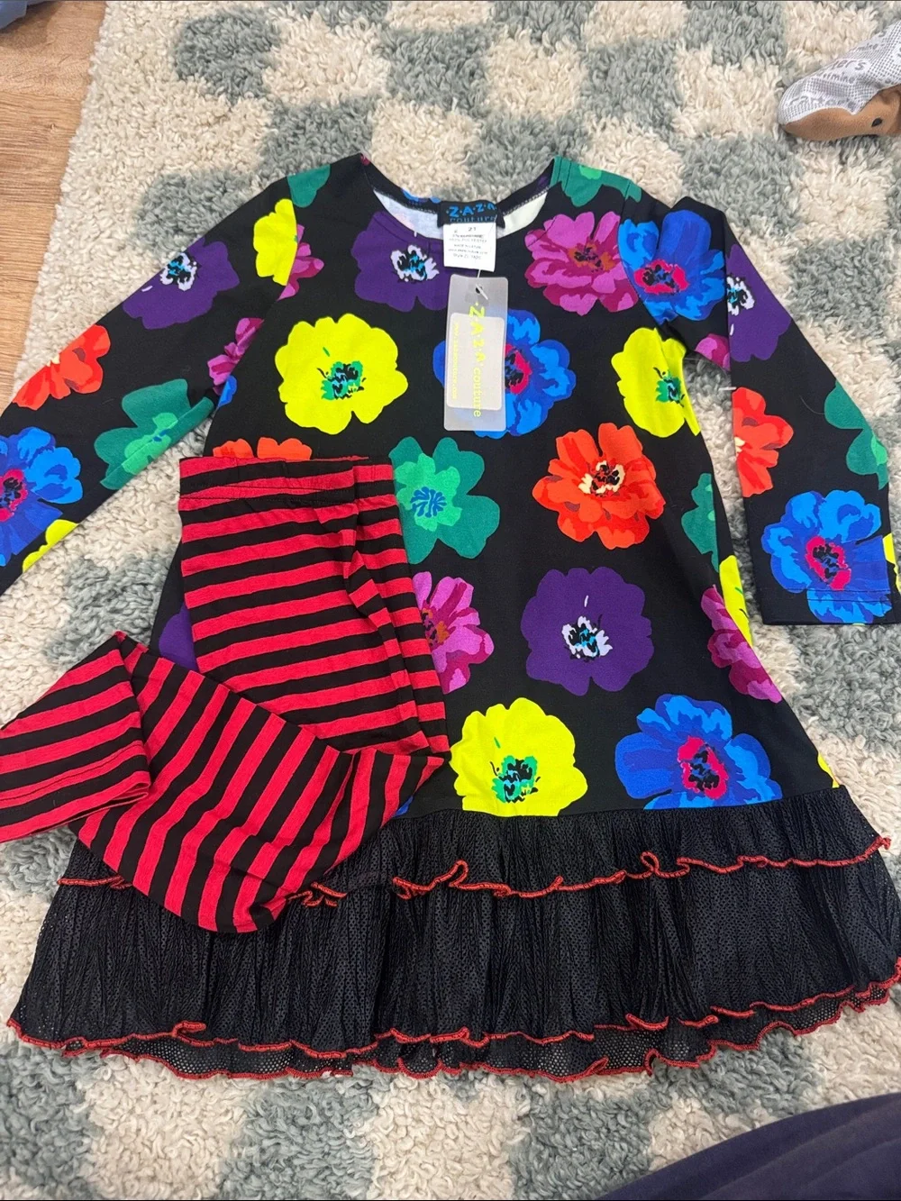 Tea Collection Black Floral & Red Stripe Kids Matching Set